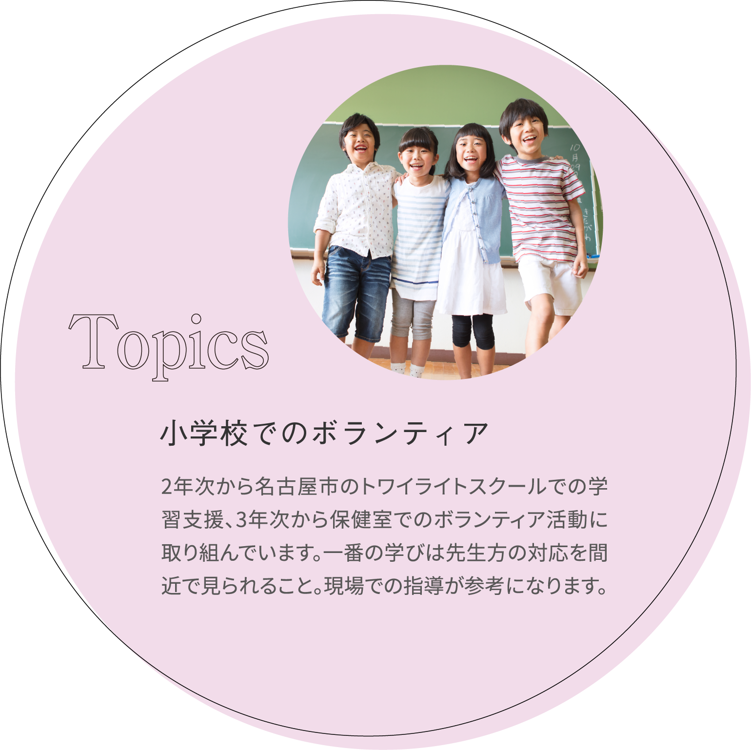 小学校でのボランティア 2年次から名古屋市のトワイライトスクールでの学習支援、3年次から保健室でのボランティア活動に取り組んでいます。一番の学びは先生方の対応を間近で見られること。現場での指導が参考になります。
