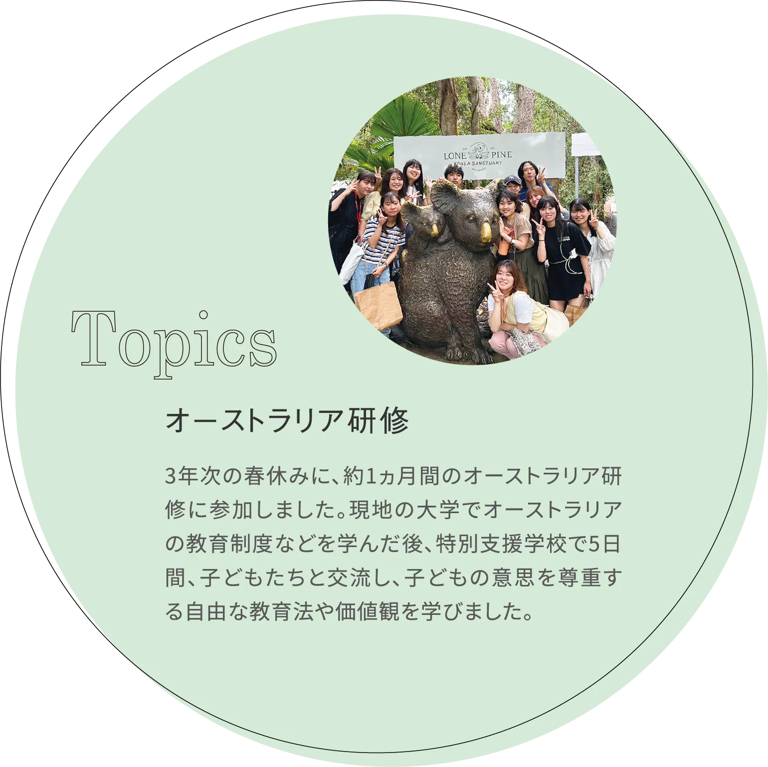オーストラリア研修 3年次の春休みに、約1ヵ月間のオーストラリア研修に参加しました。現地の大学でオーストラリアの教育制度などを学んだ後、特別支援学校で5日間、子どもたちと交流し、子どもの意思を尊重する自由な教育法や価値観を学びました。