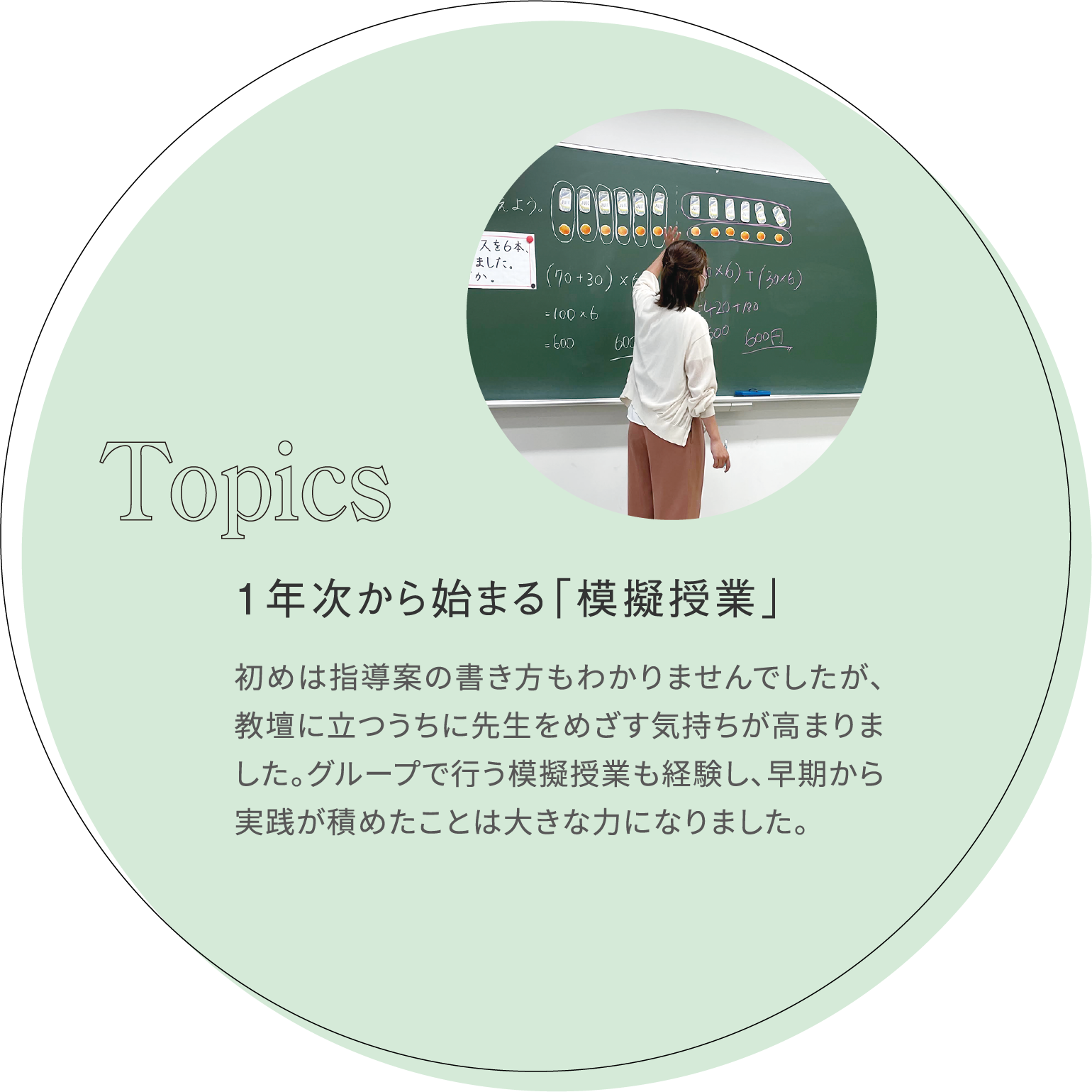 1年次から始まる「模擬授業」 初めは指導案の書き方もわかりませんでしたが、教壇に立つうちに先生をめざす気持ちが高まりました。グループで行う模擬授業も経験し、早期から実践が積めたことは大きな力になりました。