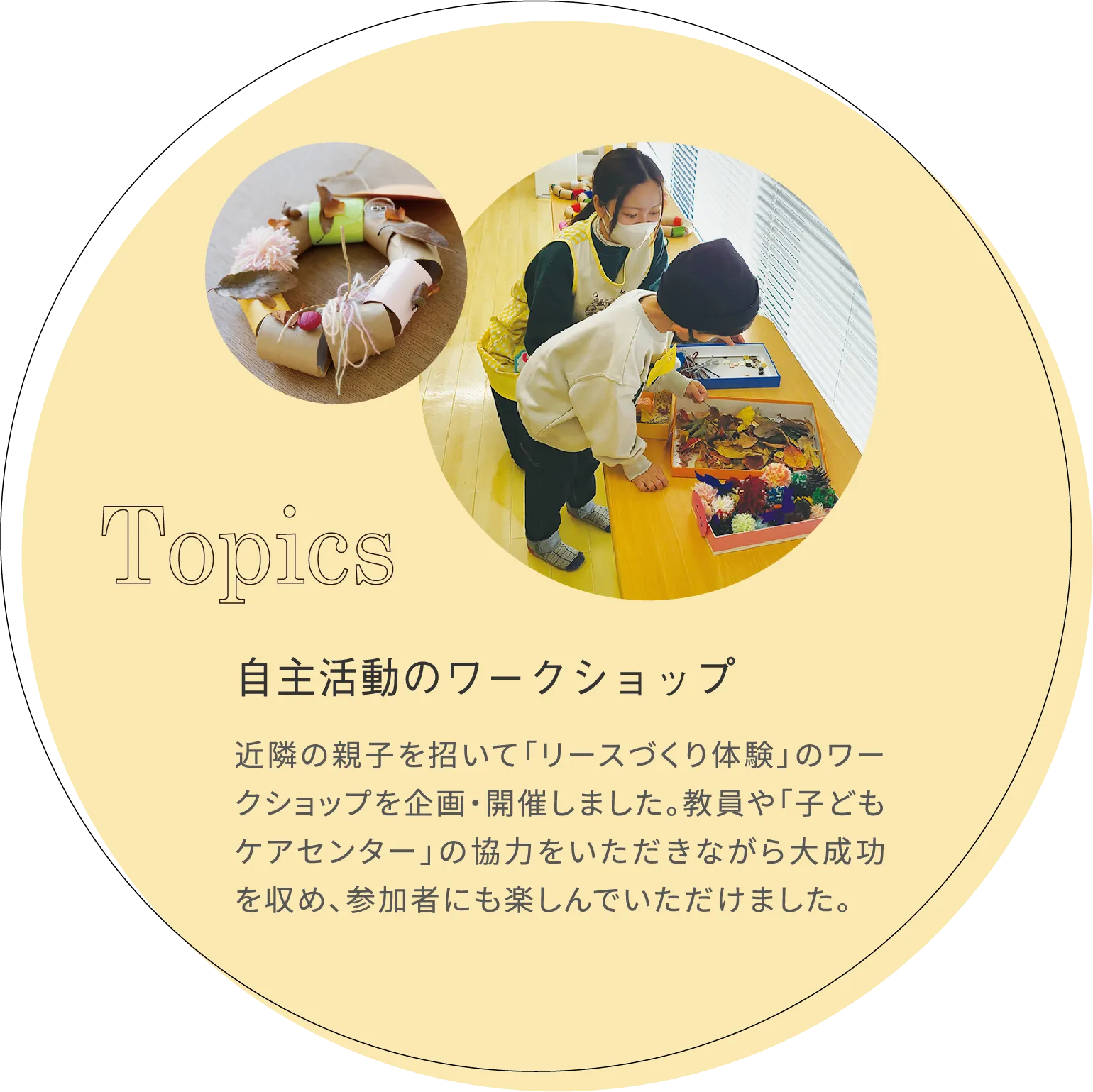 自主活動のワークショップ 近隣の親子を招いて「リースづくり体験」のワークショップを企画・開催しました。教員や「子どもケアセンター」の協力をいただきながら大成功を収め、参加者にも楽しんでいただけました。