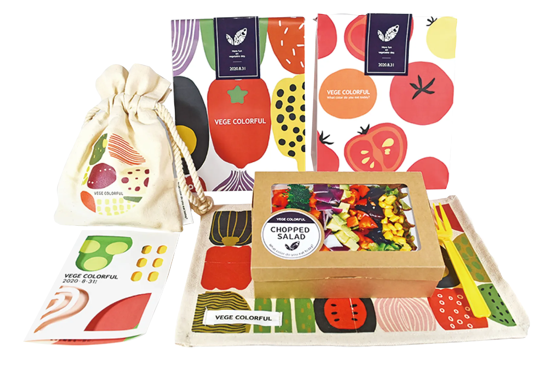「8/31野菜の日をもっと楽しく」をテーマに、雑貨やロゴをデザインした作品「VEGE COLORFUL」(2年次)