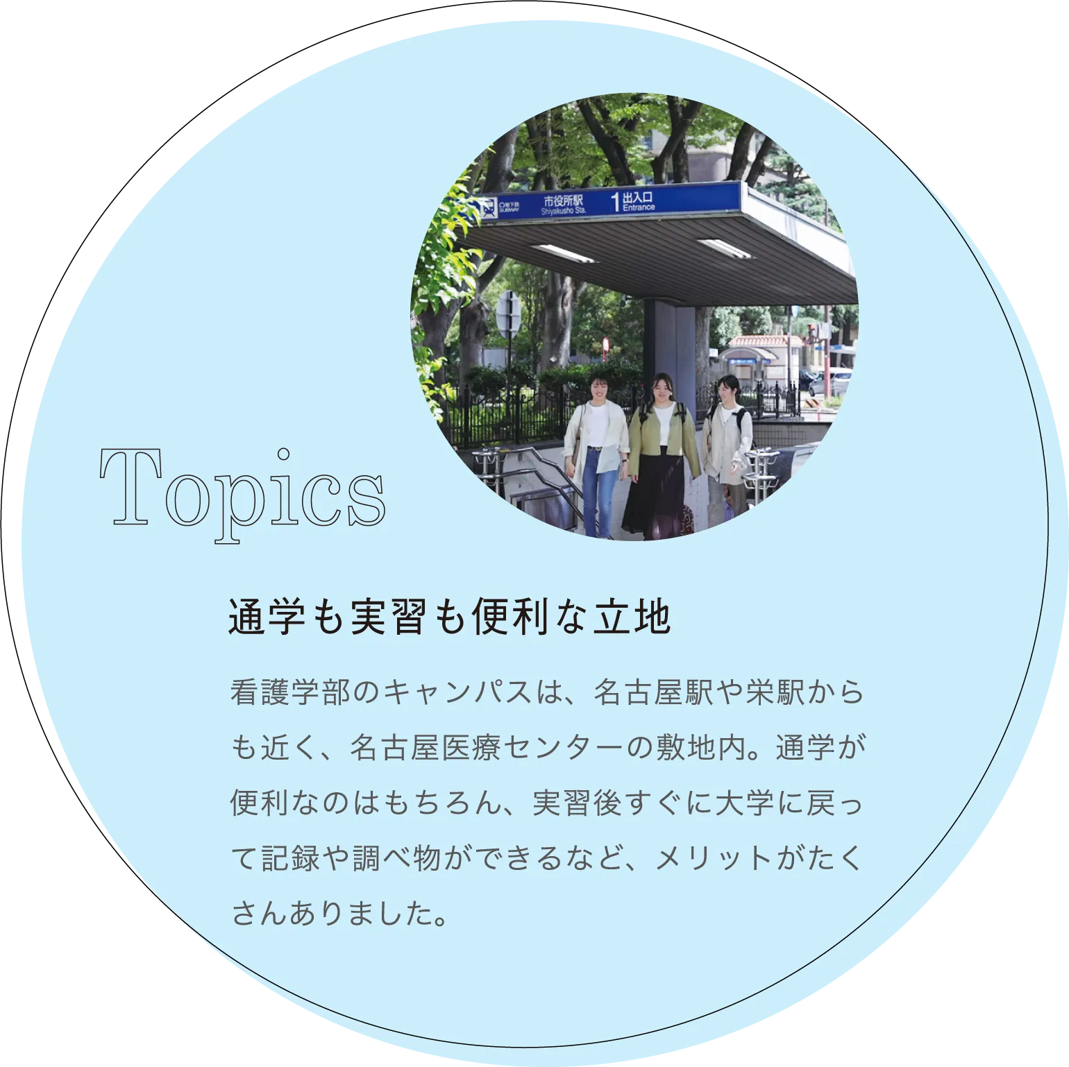 通学も実習も便利な立地 看護学部のキャンパスは、名古屋駅や栄駅からも近く、名古屋医療センターの敷地内。通学が便利なのはもちろん、実習後すぐに大学に戻って記録や調べ物ができるなど、メリットがたくさんありました。