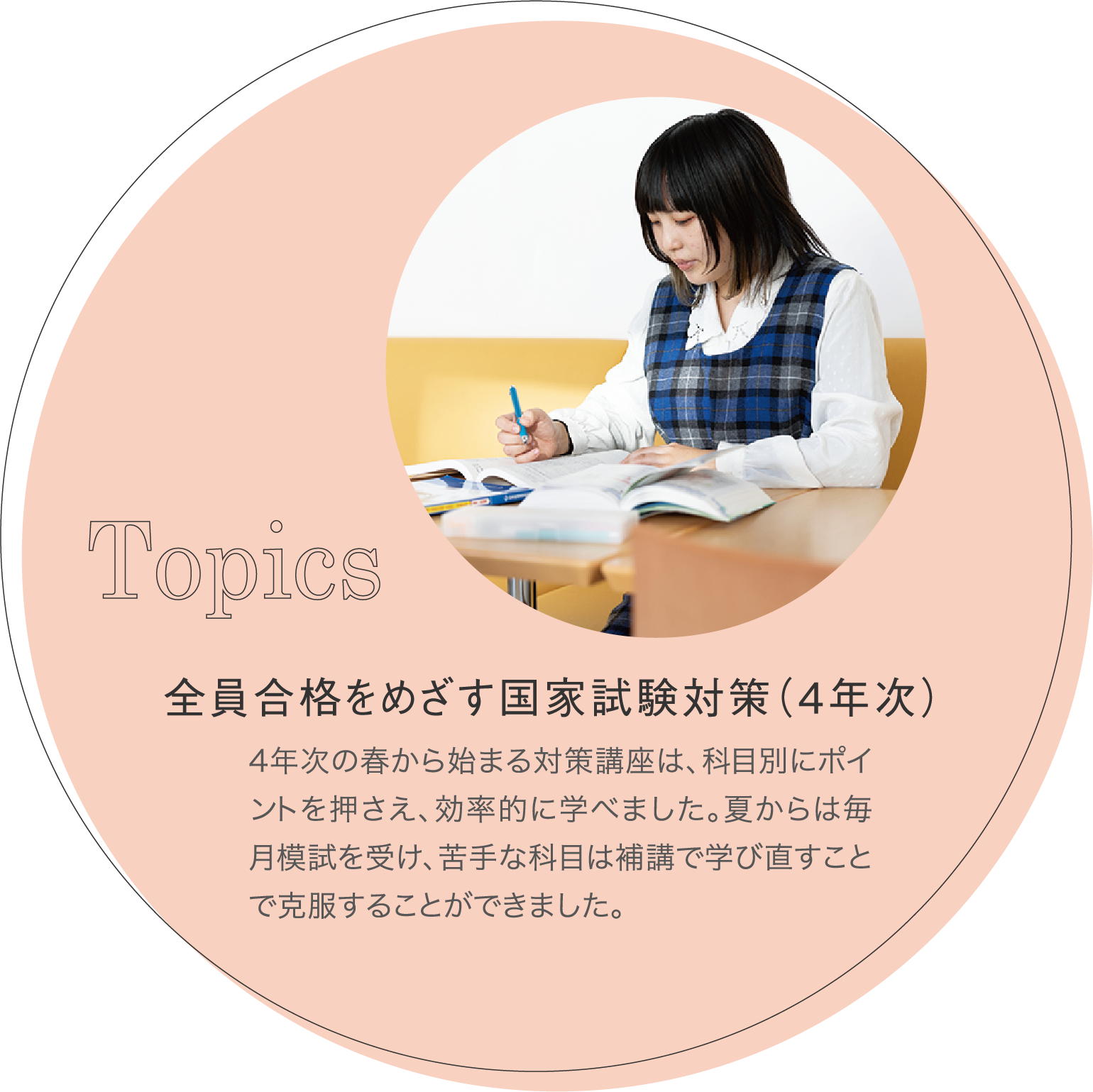 全員合格をめざす国家試験対策（4年次） 4年次の春から始まる対策講座は、科目別にポイントを押さえ、効率的に学べました。夏からは毎月模試を受け、苦手な科目は補講で学び直すことで克服することができました。