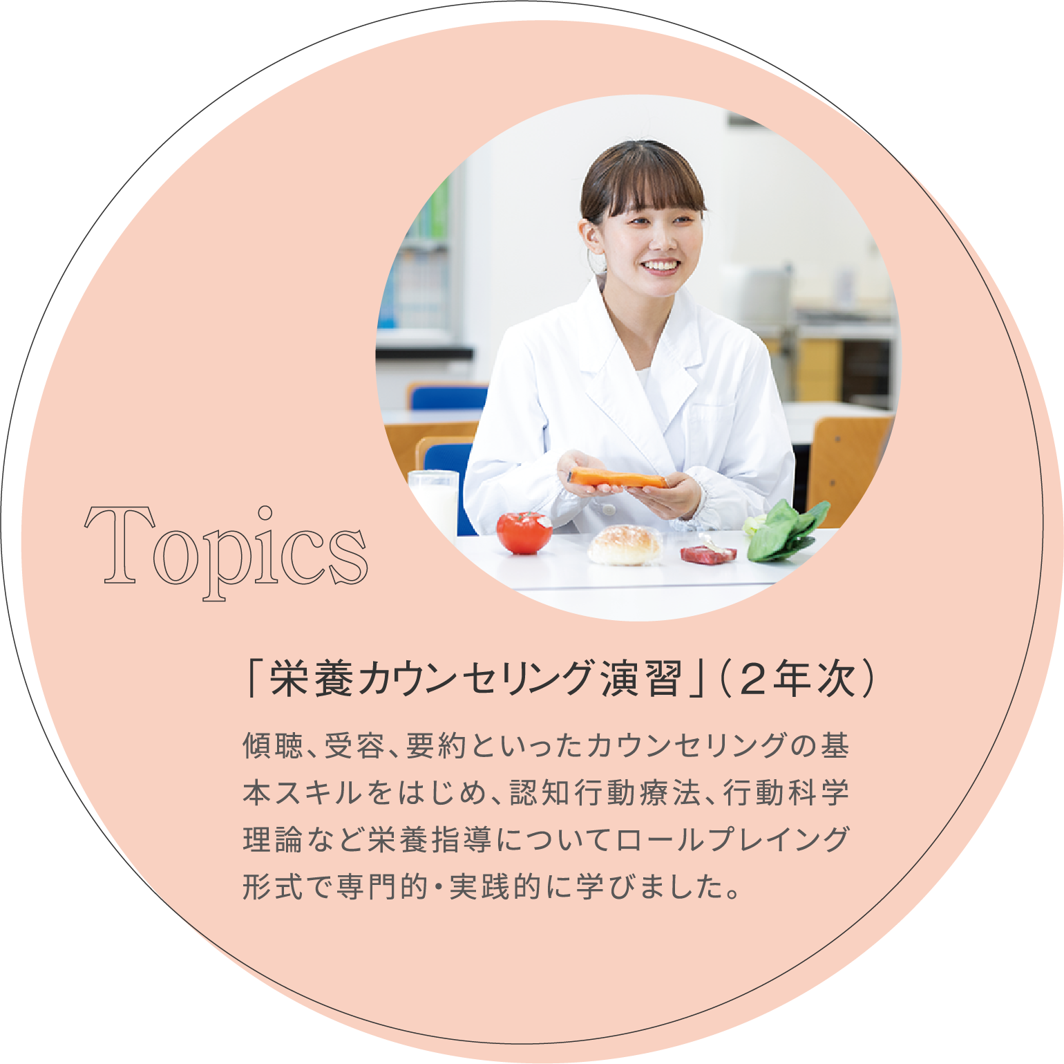 「栄養カウンセリング演習」（2年次） 傾聴、受容、要約といったカウンセリングの基本スキルをはじめ、認知行動療法、行動科学理論など栄養指導についてロールプレイング形式で専門的・実践的に学びました。